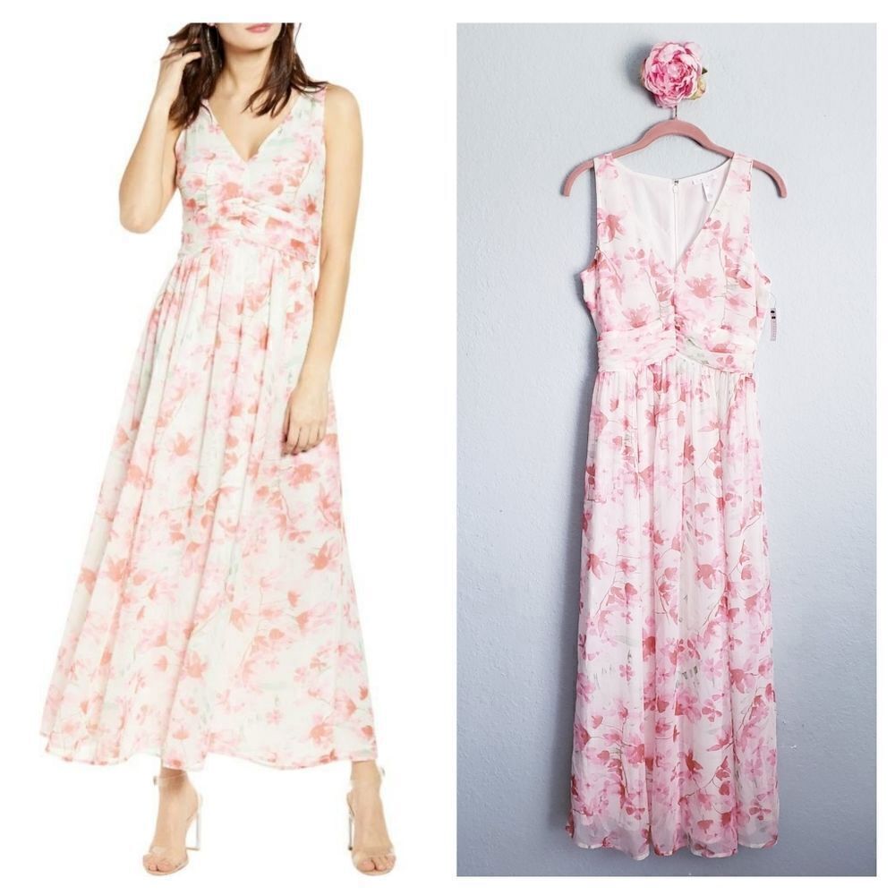 Leith Floral Ruched Waist Chiffon‎ Maxi Dress